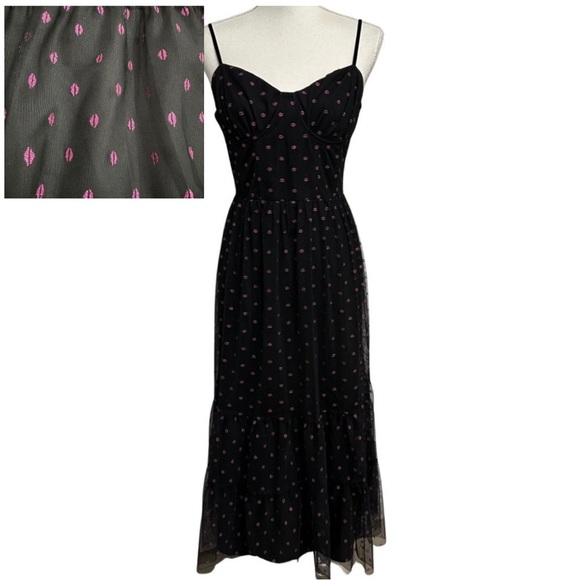 Betsey Johnson Corset Tiered Dress SZ 14 Black Pink Lip Print Dark Romantic NWT - Picture 1 of 11